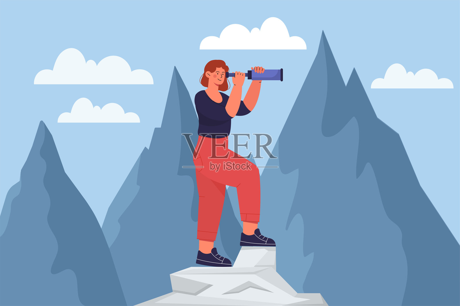 有远见的女人。小女孩站在山顶上用望远镜看东西。目标设定和规划，对未来的展望。女商人和企业家。平面矢量图插画图片素材