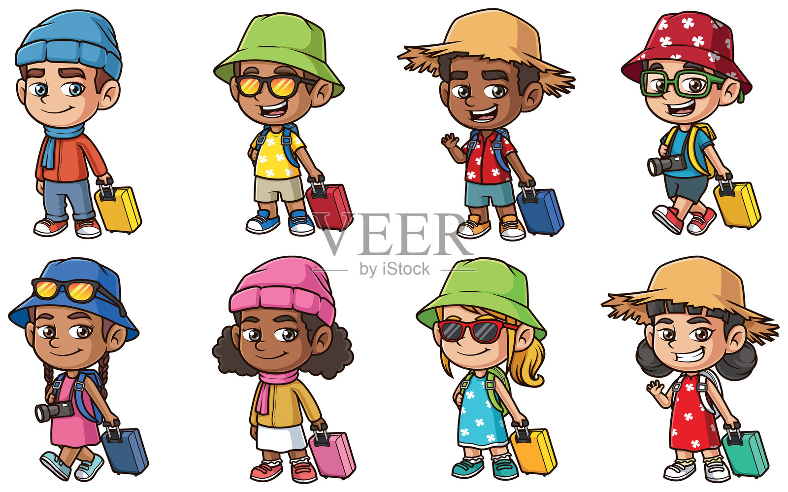 卡通小孩在旅行。每个矢量图像在一个单独的图层上。插画图片素材