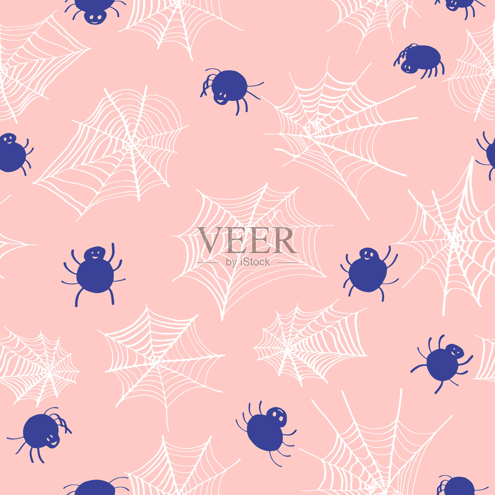 无缝图案可爱的孩子万圣节蜘蛛。矢量黑色蜘蛛和蜘蛛网在橙色的背景。模板令人毛骨悚然的印刷万圣节装饰，设计，壁纸，纺织品，织物，包装。插画图片素材