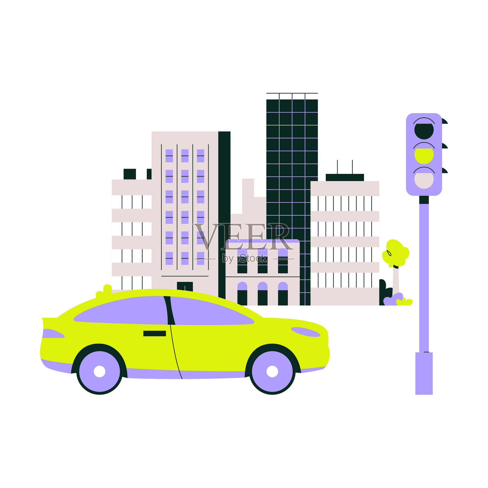 汽车在交通信号灯在城市设置与摩天大楼，孤立的平面矢量说明城市交通和交通管理的概念插画图片素材