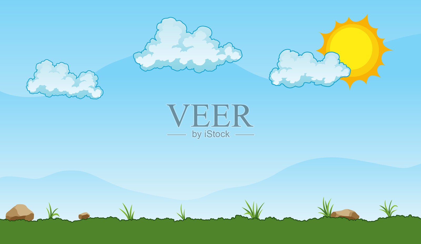 夏天的风景与绿色的草地在一个明确的蓝天与白云和闪亮的太阳向量插图插画图片素材