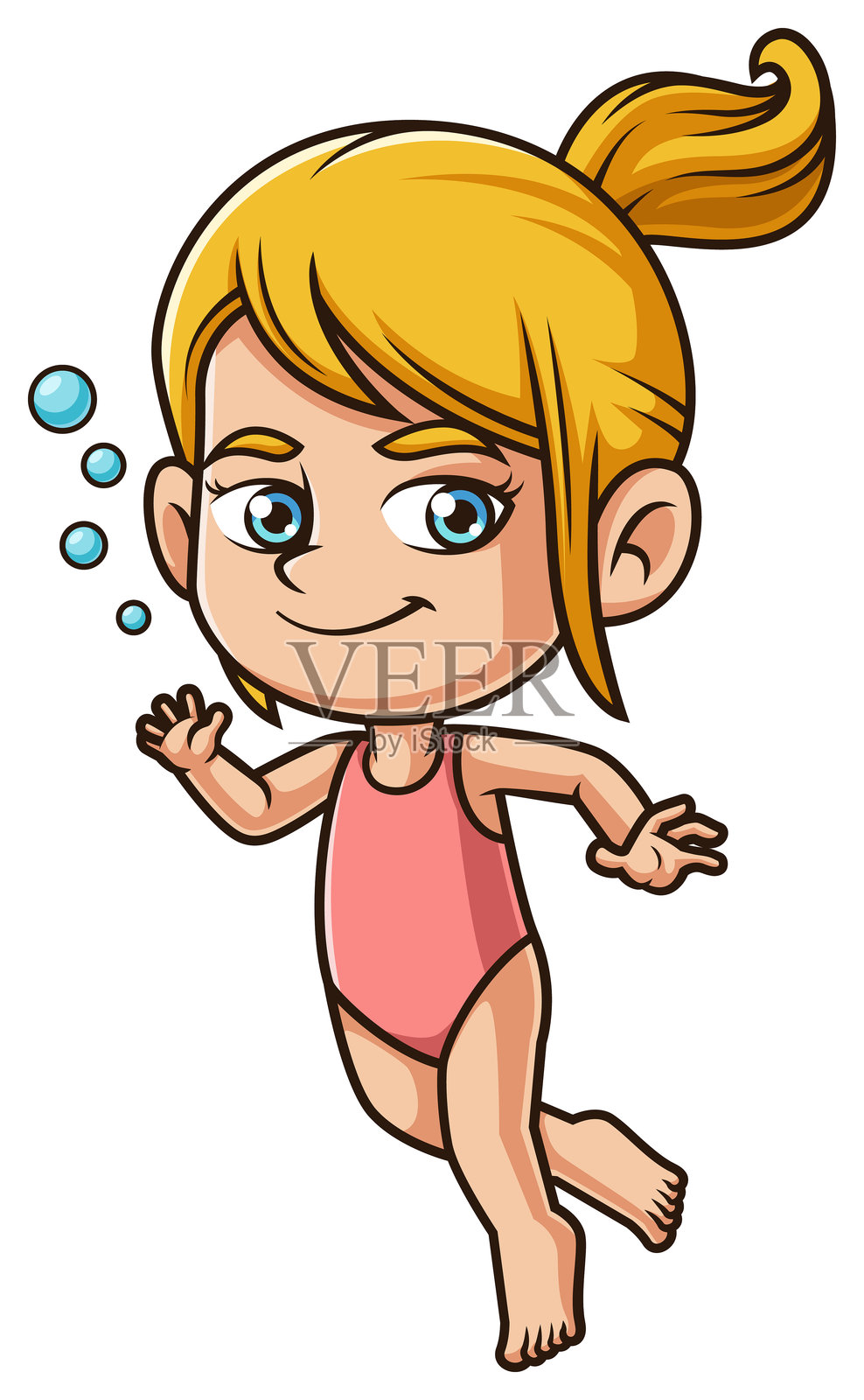 白种人女孩在水下游泳的卡通插图插画图片素材