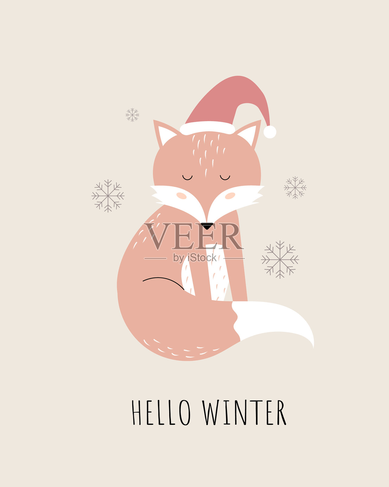 你好,冬天。一只戴圣诞帽的狐狸。北欧风格。矢量图插画图片素材