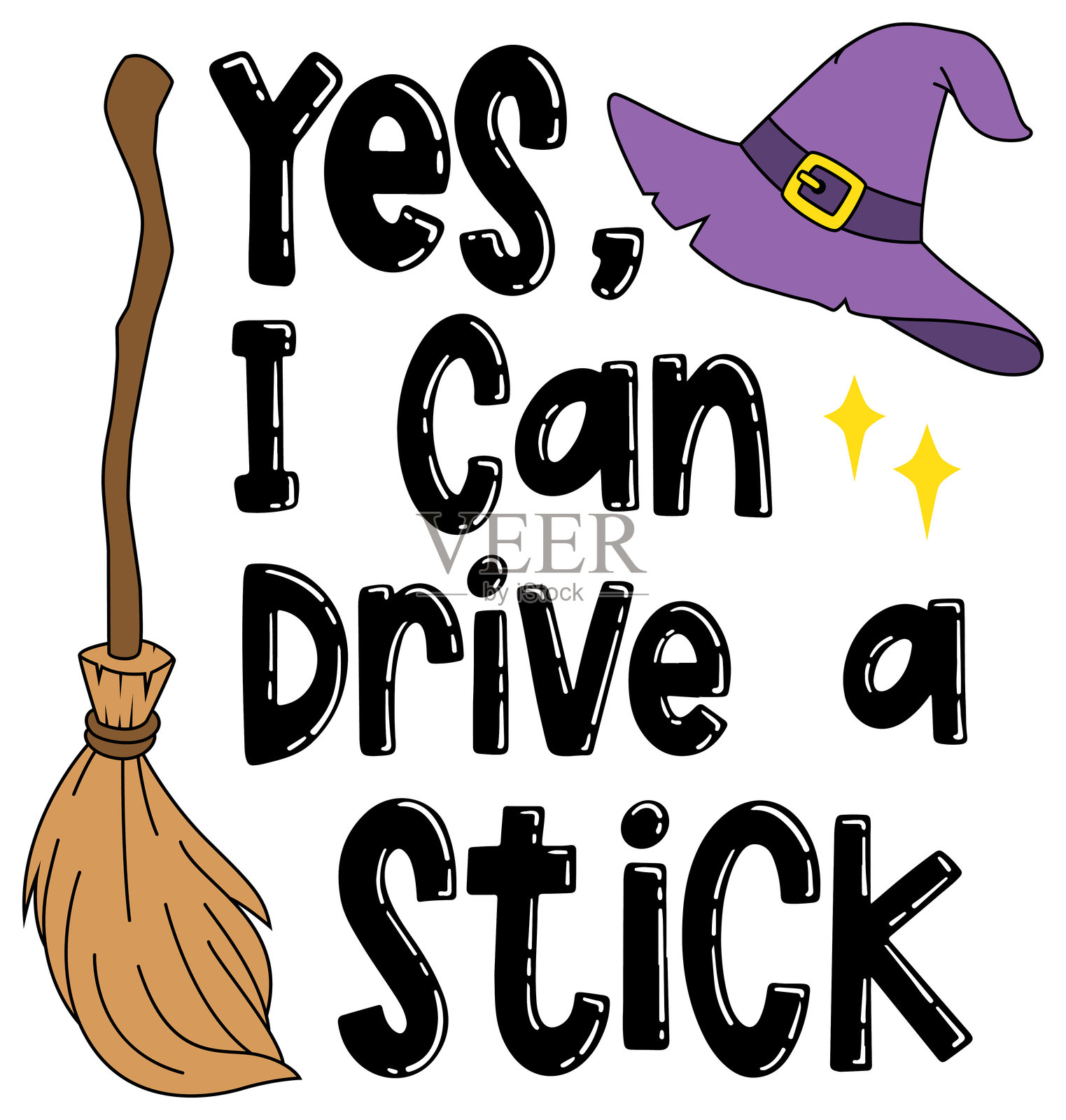 是的，我可以驾驶一杆有趣的万圣节主题的文字艺术卡通插画图片素材