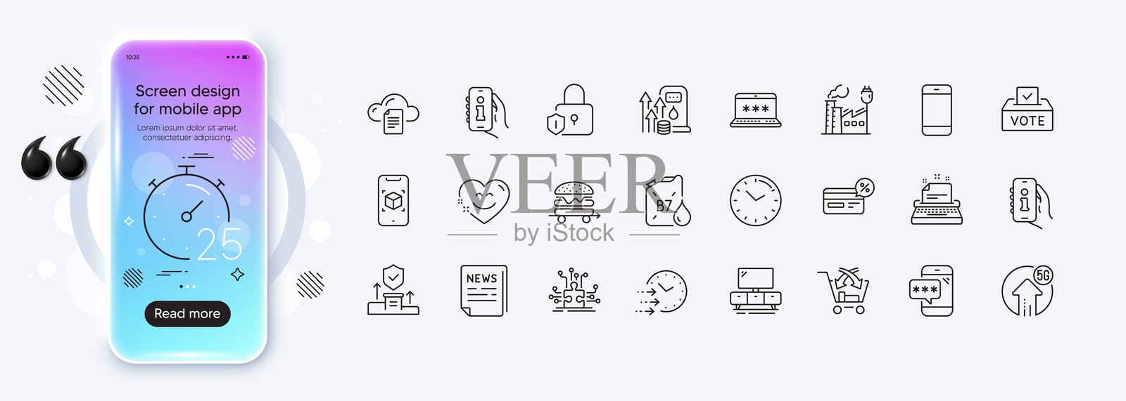 电视支架，支持和文件存储线图标的web应用程序。象形图标。手机模型渐变屏幕。向量插画图片素材