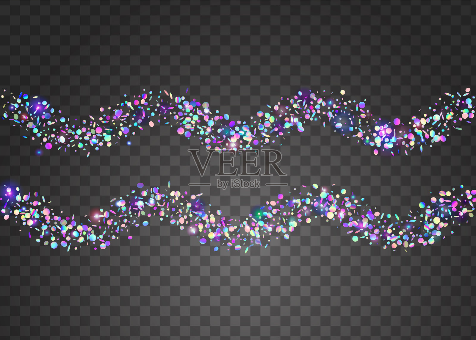 彩虹色的效果。紫色激光金属丝。现代设计。下降的旗帜。透明的蛇形。快乐的抽象背景。眩光的模式。狂欢节五彩纸屑。蓝色虹彩效应插画图片素材