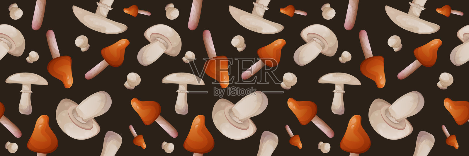 自然印花设计。可爱的蘑菇图案设计在黑暗的背景插画图片素材