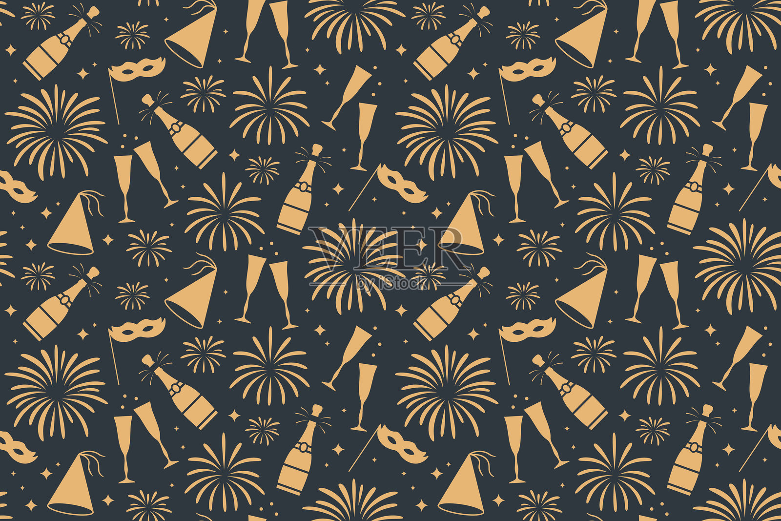 无缝新年除夕金色图案香槟酒瓶，眼镜，烟花，派对帽和面具插画图片素材