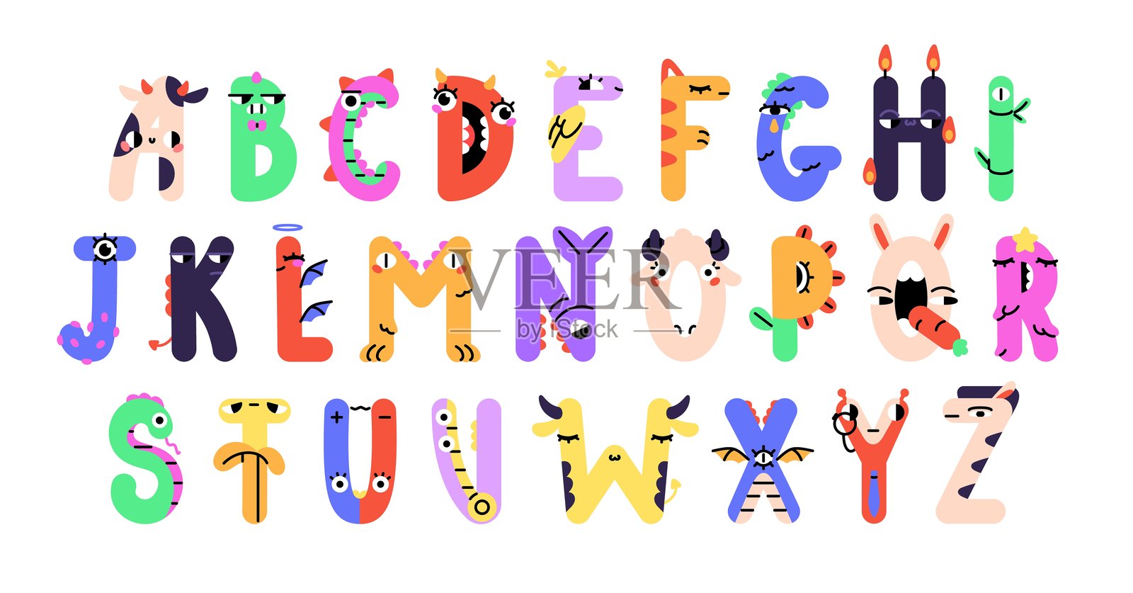 怪物字母表集。可爱的英语ABC与恐龙人物。儿童字体的有趣字母。用动物形状书写。小学教育。白色背景上的平面隔离矢量插图插画图片素材
