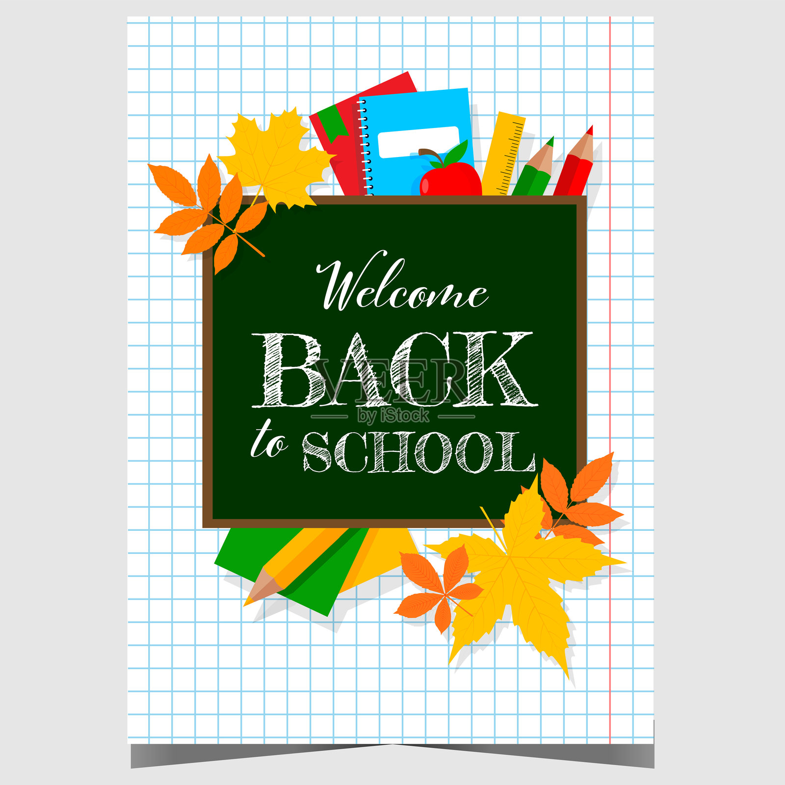 欢迎回到学校邀请海报或横幅与学校用品和秋天的主题在笔记本纸张的背景。插画图片素材