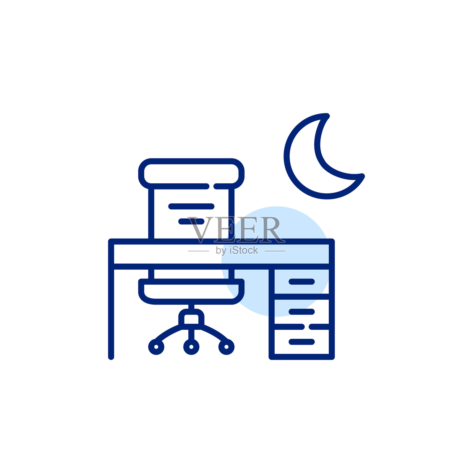 经理办公室桌椅有新月标志。深夜，加班。像素完美，可编辑的笔画图标插画图片素材