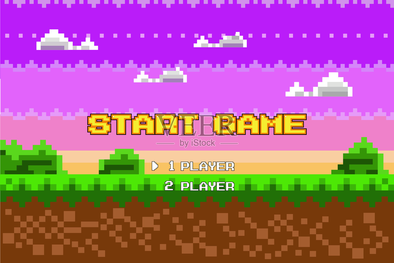 开始游戏，玩家们。像素游戏背景，自然景观与蓝天，树木和绿色的草。像素化的8位电子游戏插画图片素材