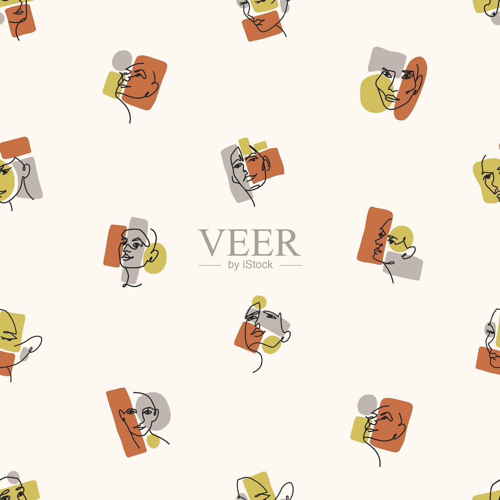 在无尽的背景上，女性面孔的素描在一行艺术风格中。具有连续曲线的可重复的肖像图案。抽象几何形状的头部。轮廓无缝矢量插图插画图片素材