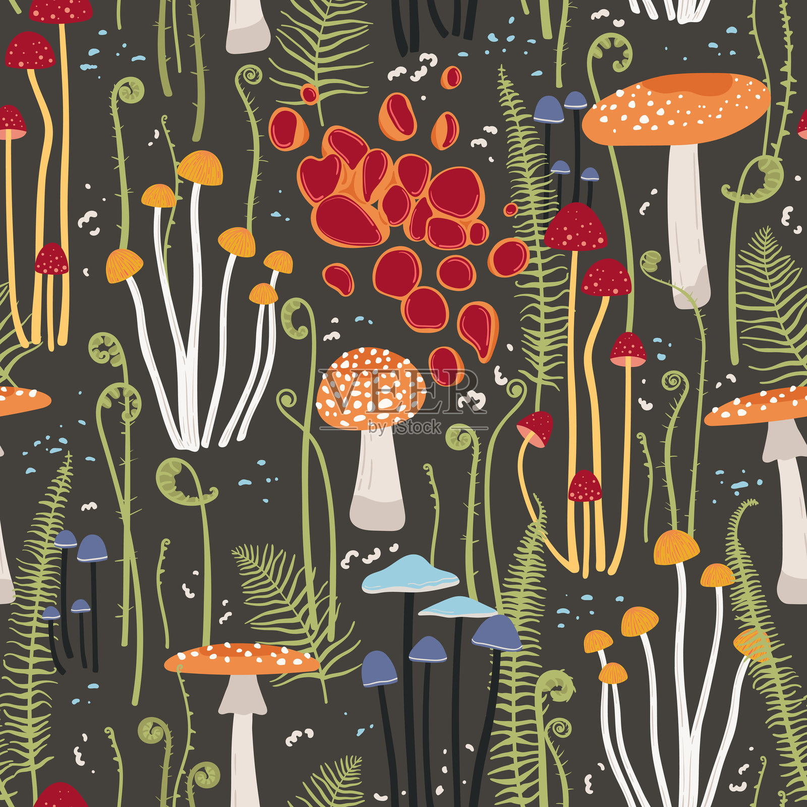 与森林蘑菇和蕨类叶子无缝图案插画图片素材