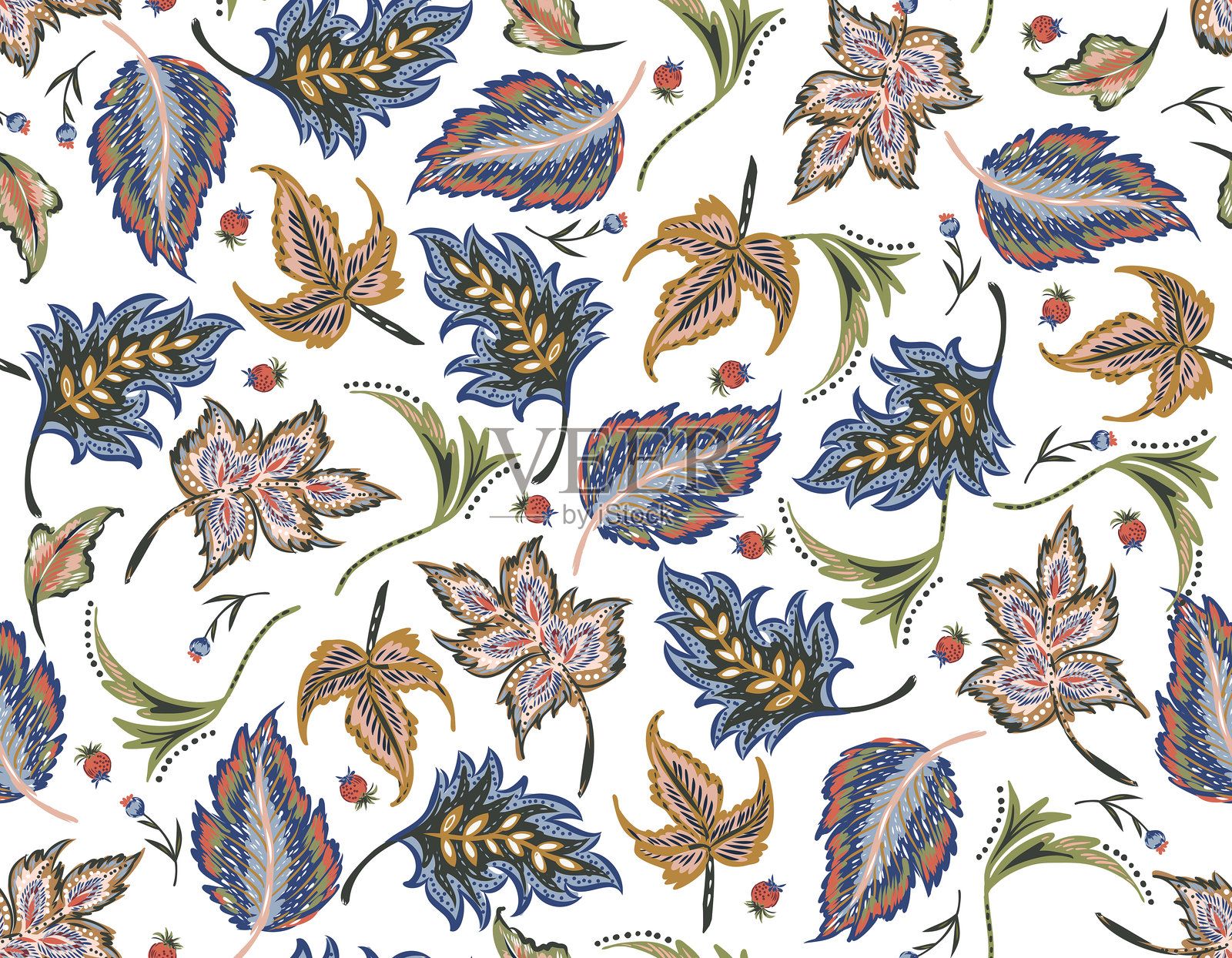 波西米亚树叶图案，波斯图案印度树叶图案，矢量插图插画图片素材