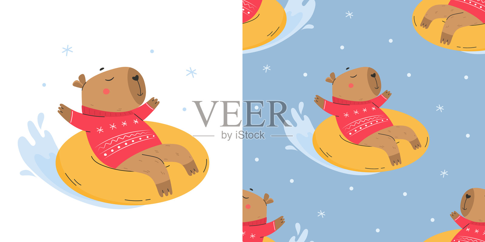 无缝图案与可爱的水豚在温暖的毛衣雪管户外在冬天。有趣的动物角色玩得很开心。寒假活动。矢量图插画图片素材