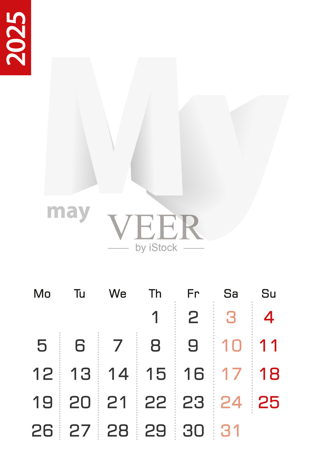 2025年5月的极简日历模板，英文矢量日历。插画图片素材