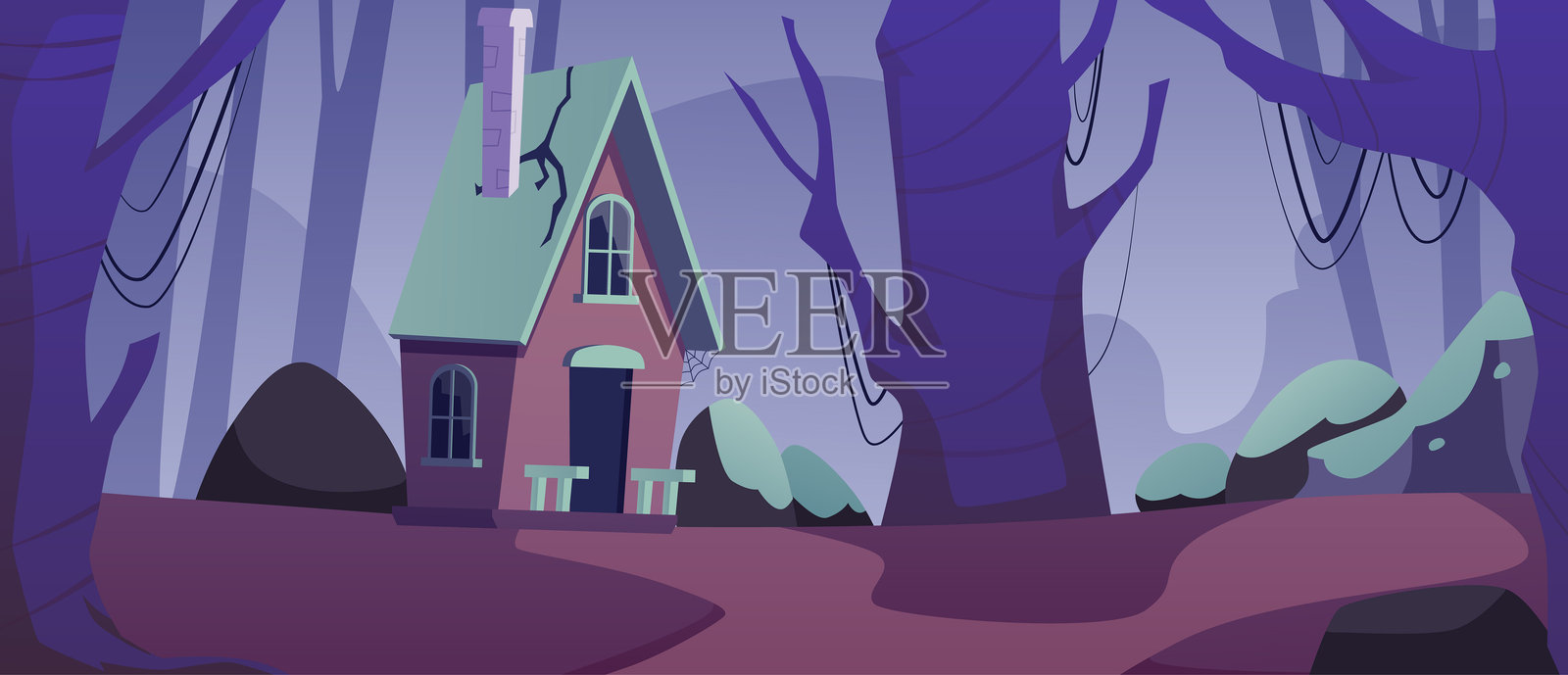 布满蜘蛛网的废弃木屋。黑暗的森林阴沉的景观。插画图片素材