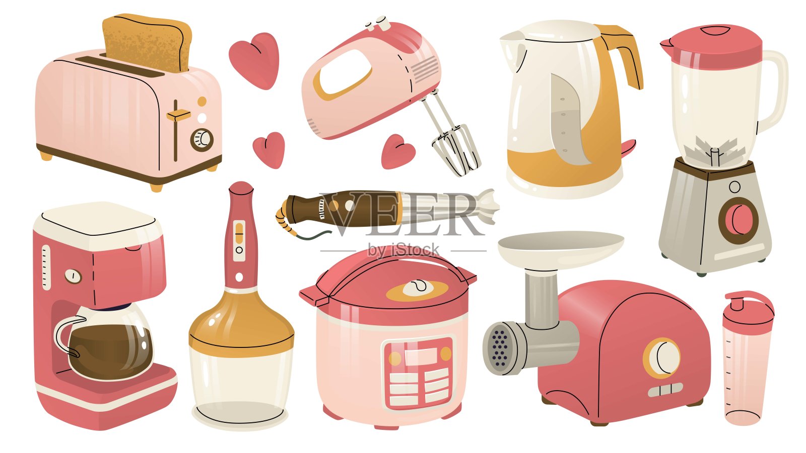 一套厨房用具。现代烹饪。制备半成品和烹饪用装置。现代家庭的设备。矢量插图隔离在一个透明的背景。插画图片素材
