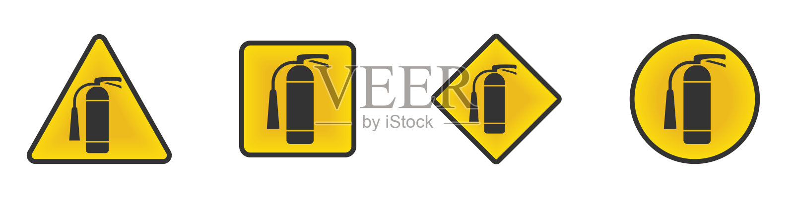 不同形状的明黄色背景灭火器警告标志。理想的安全标志或紧急图标。矢量插图。插画图片素材