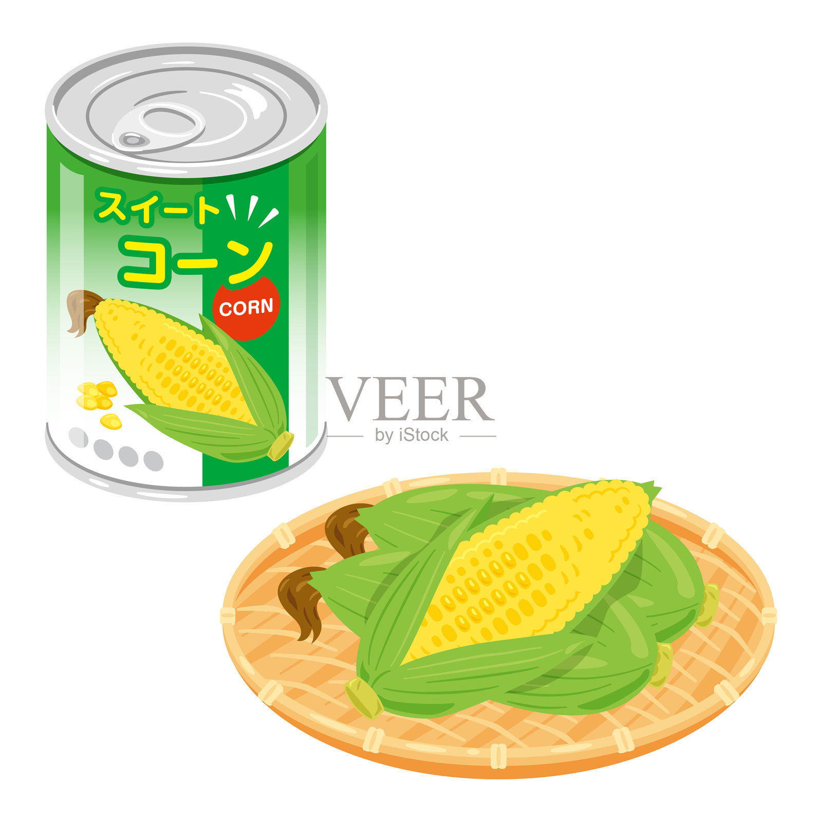 玉米罐头和玉米放在竹制滤嘴里插画图片素材
