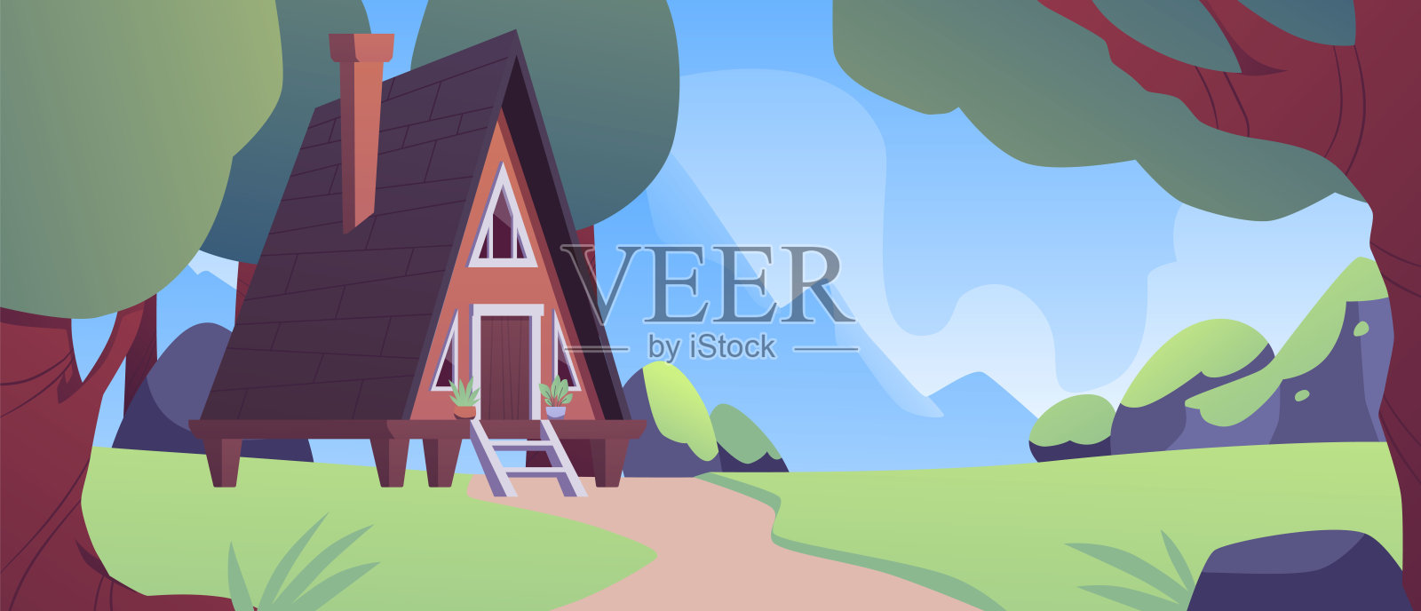 森林里的三角形木屋，上面有一个高跷的烟囱。插画图片素材