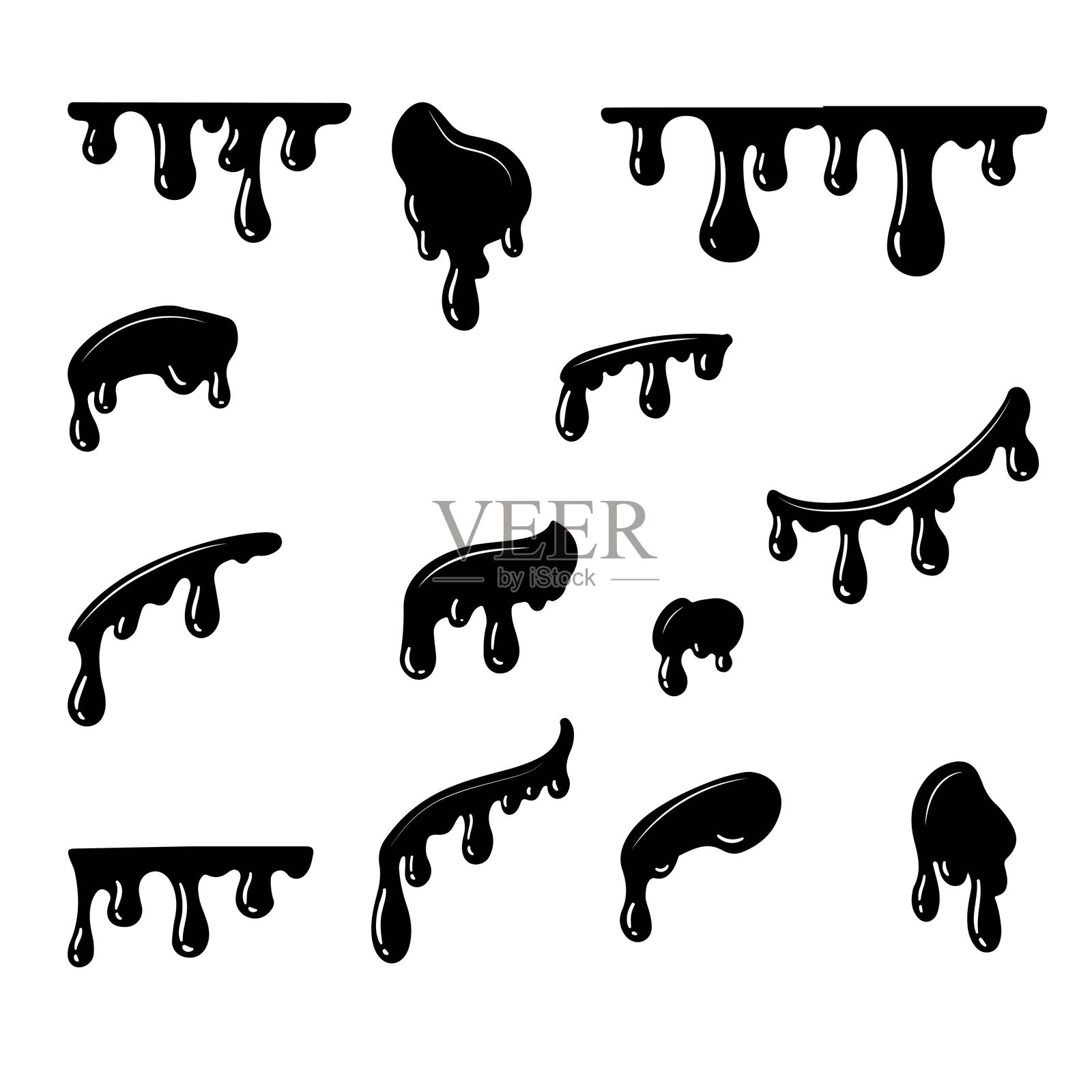 飞溅轮廓与水滴。水滴，液体飞溅，爆炸和墨渍的形状。哭泣，眼泪，洒下的油漆，溅起的水花，湿圈的涟漪，水花。轮廓矢量集。插画图片素材