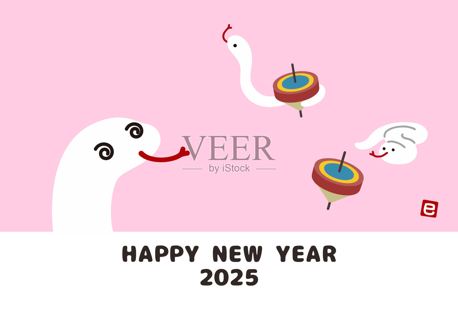 2025年，一张新年贺卡旁边，画着一条蛇在玩画框。插画图片素材