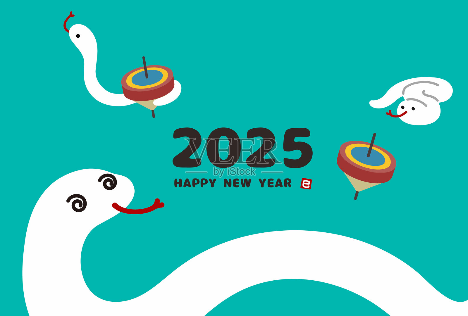 2025年，一张新年贺卡旁边，画着一条蛇在玩画框。插画图片素材