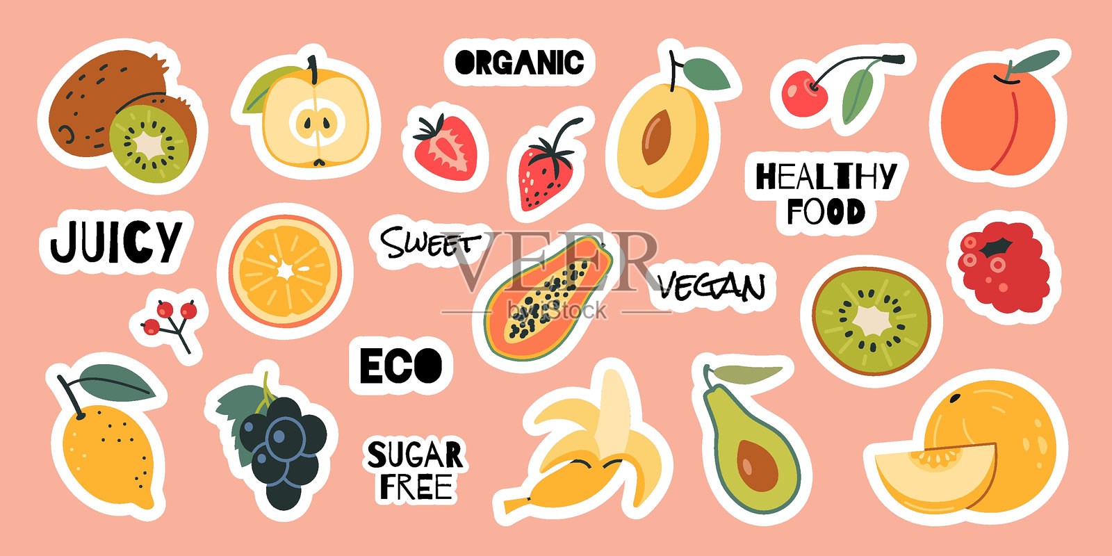 可爱的贴纸包与天然热带水果。健康饮食，新鲜食物。一组贴纸与规划师和日记的白色大纲，时尚的矢量平面插图插画图片素材