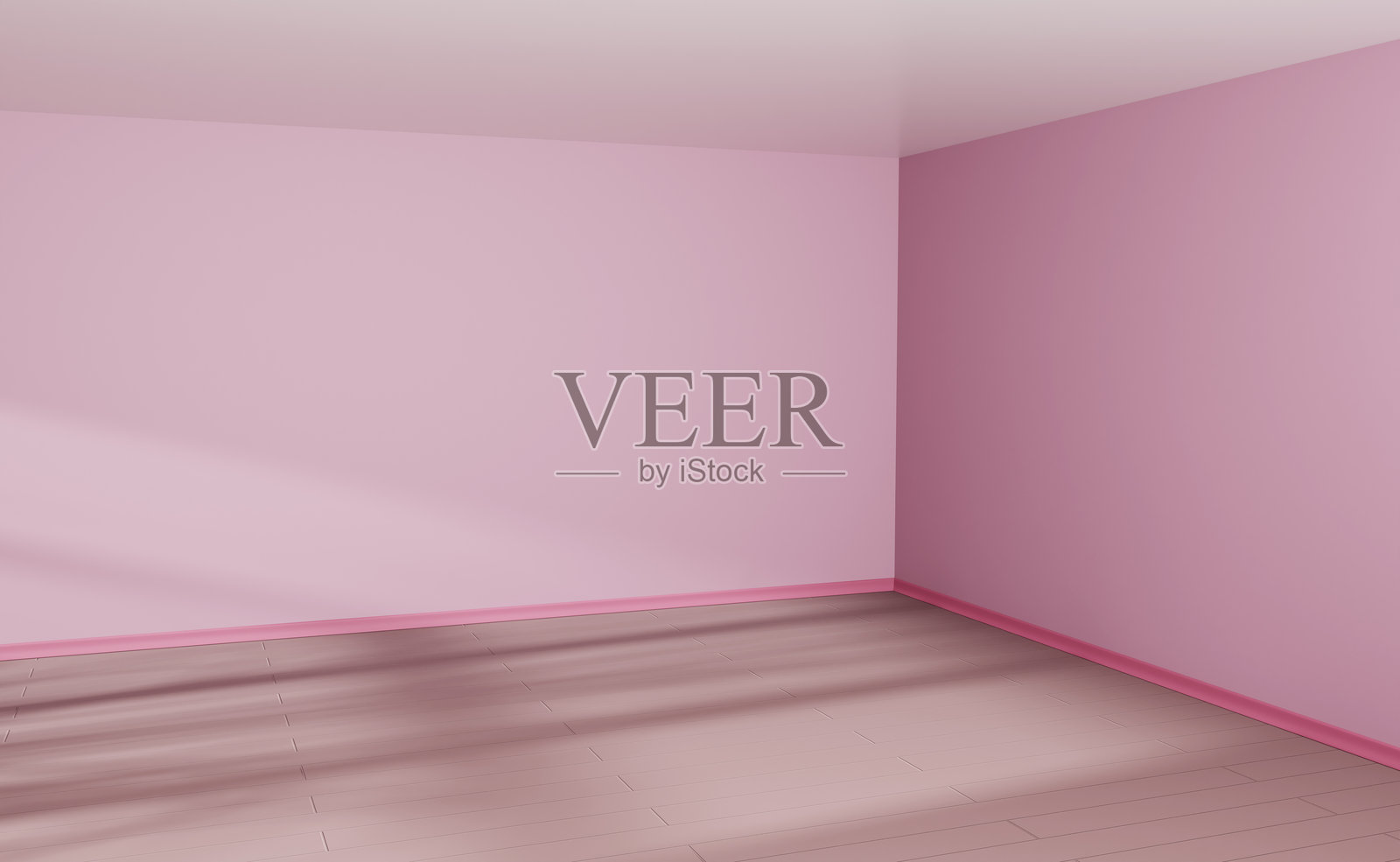 有阳光的3d空房间角落。房屋内部透视图的现实渲染，粉红色的墙壁，木地板和白色的天花板。女孩卧室，现代工作室或办公室模型照片摄影图片