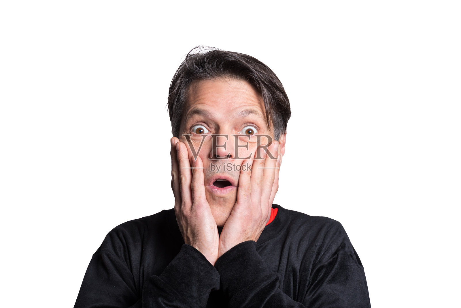 中年男子用手捂着脸。惊讶的手势。照片摄影图片