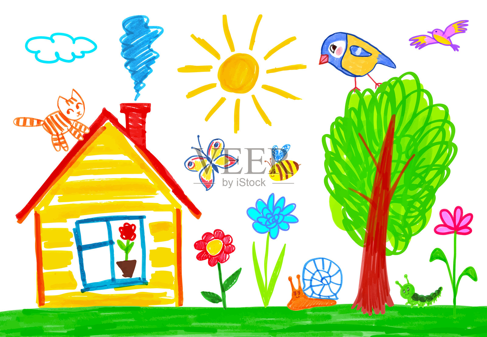 孩子画的夏日风景和房子插画图片素材