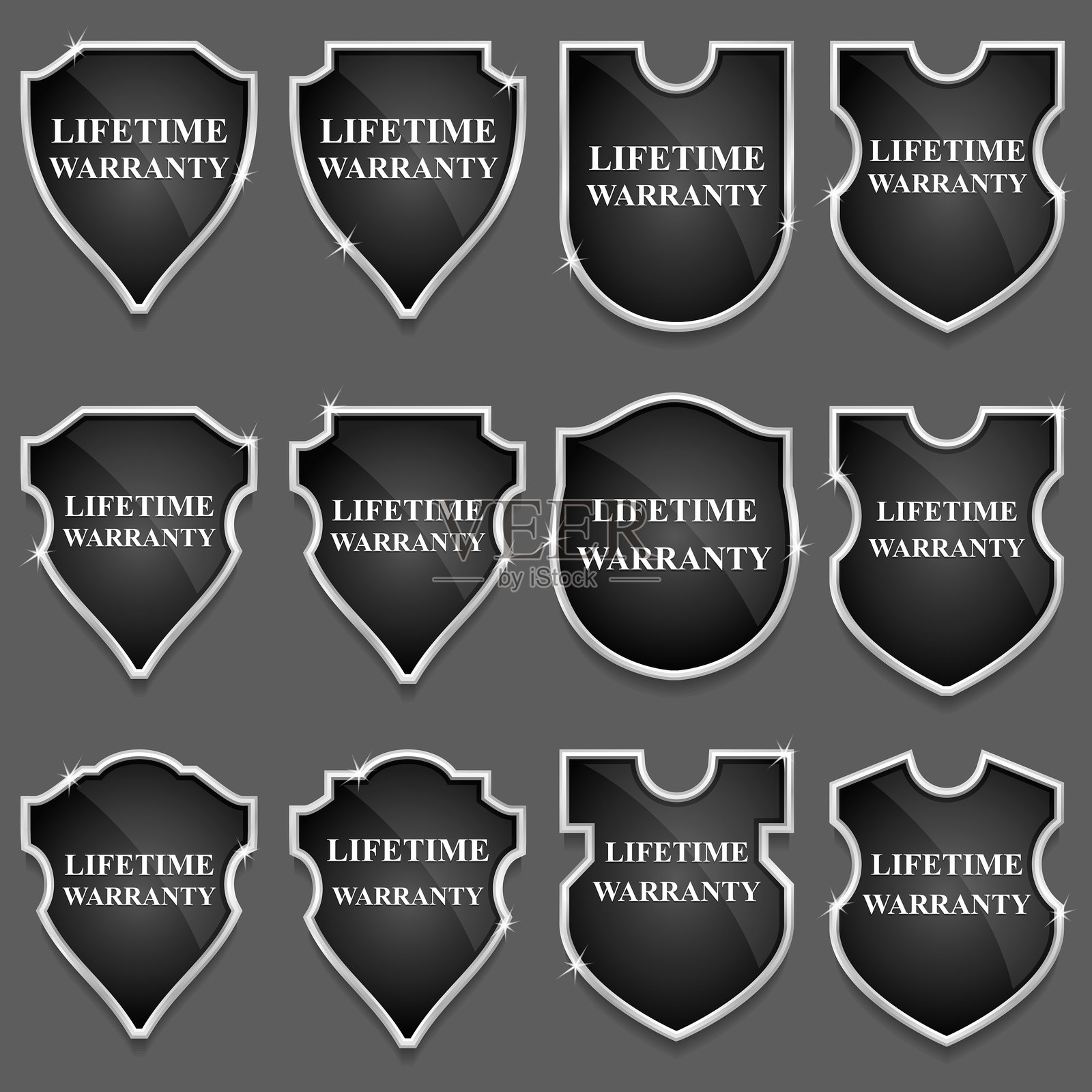 黑色银盾与终身保修标签集插画图片素材