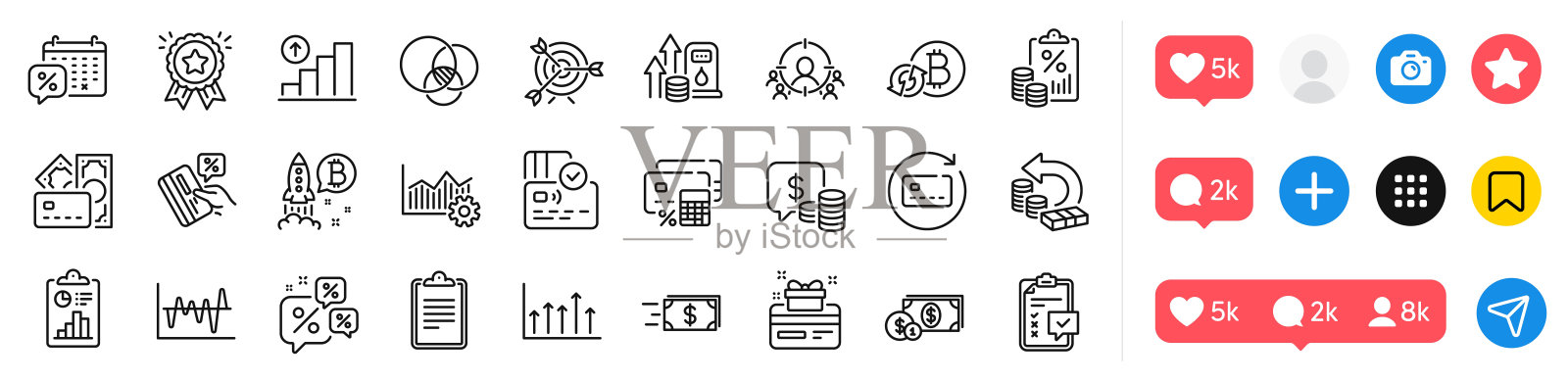 卡片，增长图表和检查表线图标包。用于web应用程序。社交媒体图标。向量插画图片素材