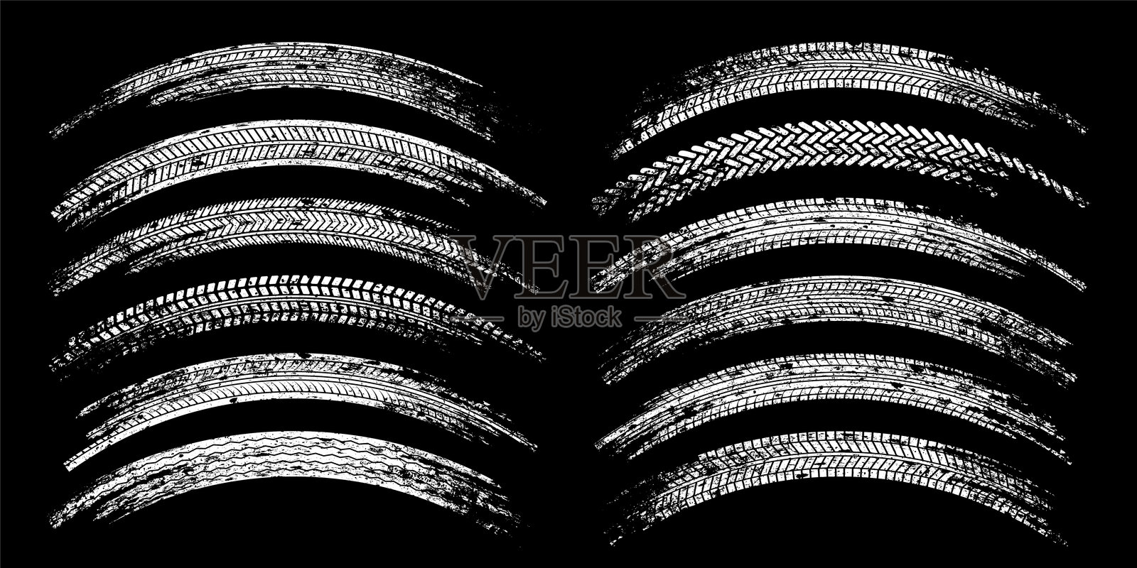 破烂的轮胎印，车轮刹车印。卡车，汽车或摩托车胎面图案轮廓。汽车竞赛、赛车运动、竞速设计元素。矢量图插画图片素材