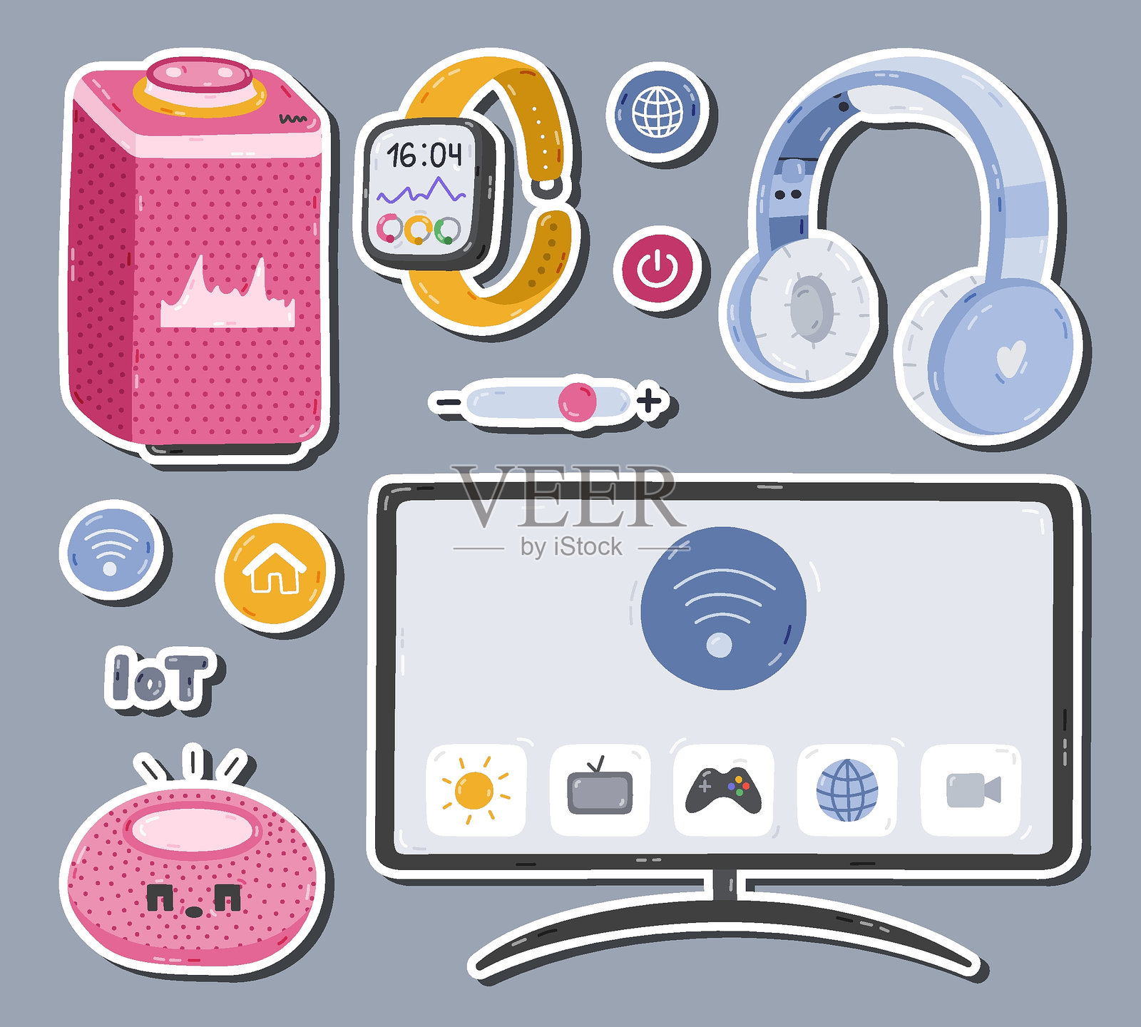 可爱的贴纸与娱乐智能家居设备，手机计划，笔记本。准备打印卡通贴纸列表。智能机器可以通过手机进行多媒体控制。插画图片素材