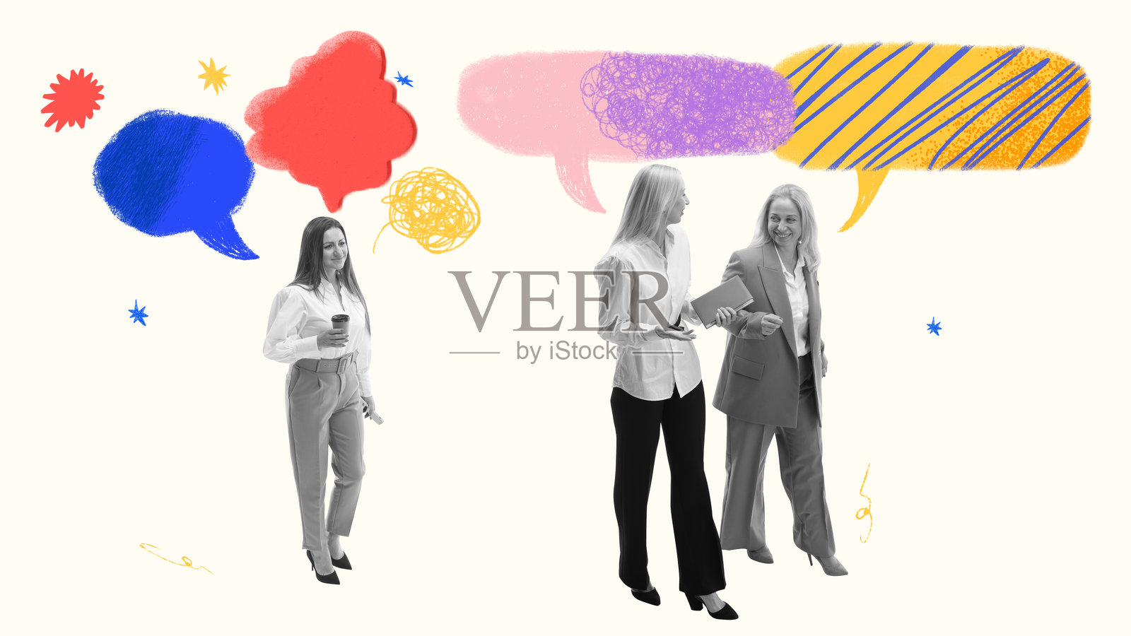 一群走路的女人头顶着五颜六色的话语泡泡，象征着个人的观点、想法的产生和交流，当代艺术拼贴。照片摄影图片