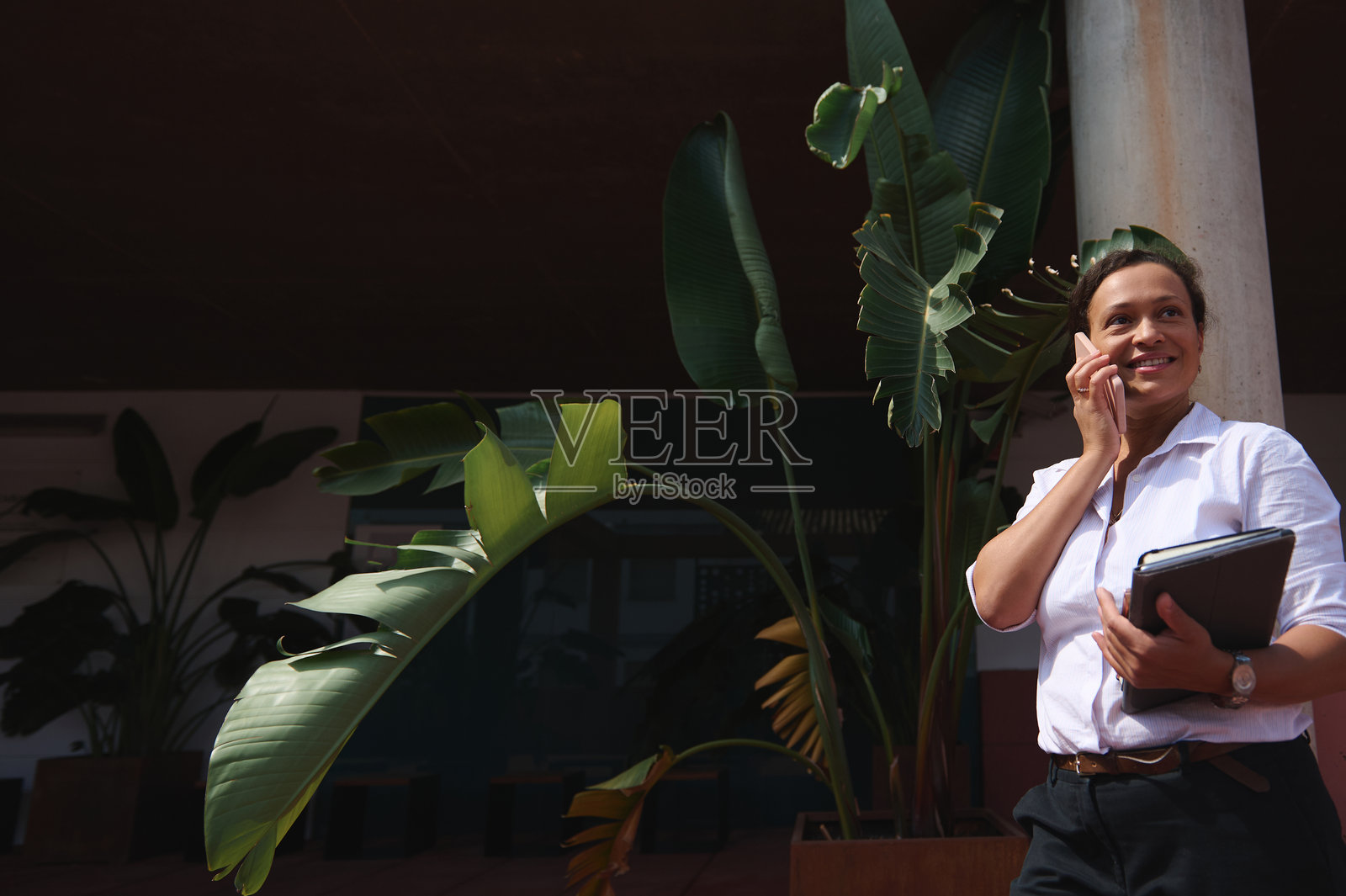 自信的女商人拿着平板电脑在户外打电话，周围是现代办公环境中郁郁葱葱的绿色植物照片摄影图片