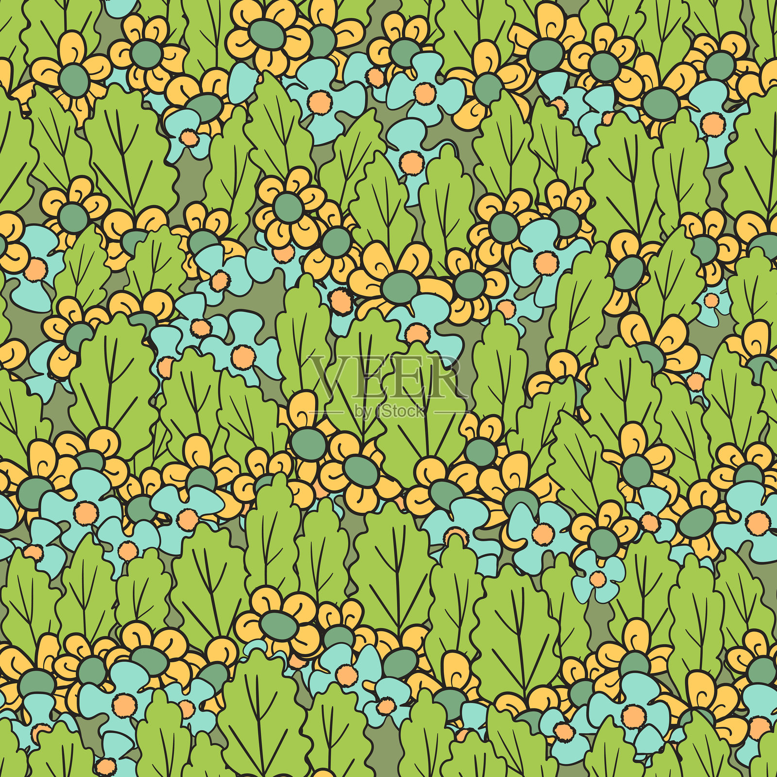 基于传统民间艺术装饰的无缝花卉图案。彩色背景上的彩色花朵。北欧风格。瑞典北欧风格。矢量插图。简单简约的图案插画图片素材