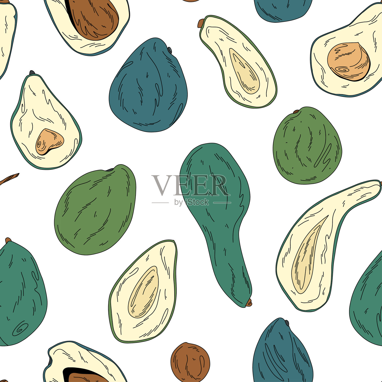 简单的图案与成熟的彩色鳄梨水果在白色背景涂鸦风格插画图片素材