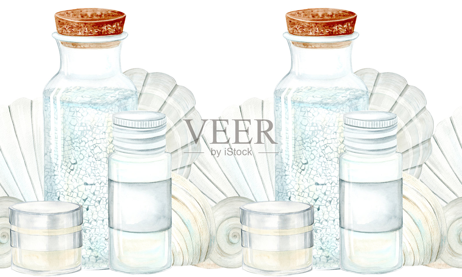 无缝的边界。化妆包。贝壳，油，奶油和浴盐。水彩剪贴艺术在一个白色的背景。手绘插图在柔和的颜色。适用于卡片设计，纺织品和剪贴簿。插画图片素材