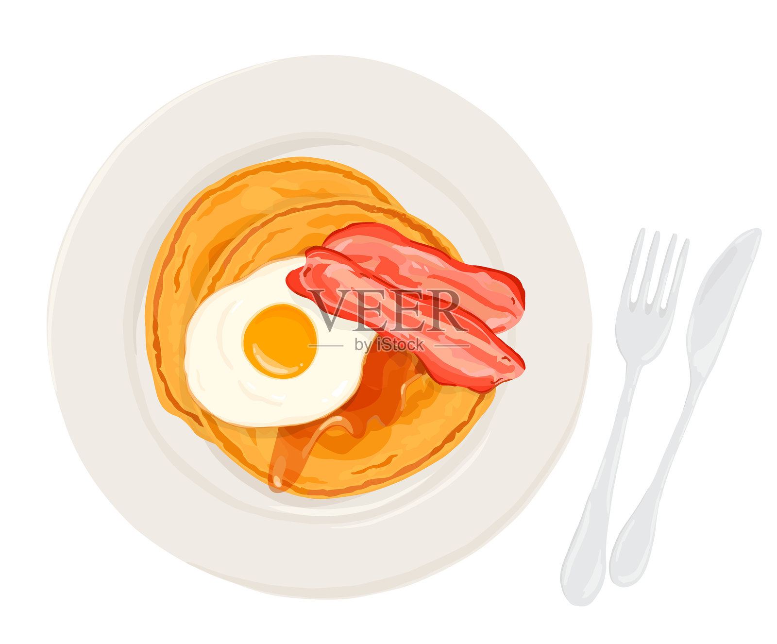 盘子里有熏肉煎饼和煎蛋。手绘矢量插图。插画图片素材