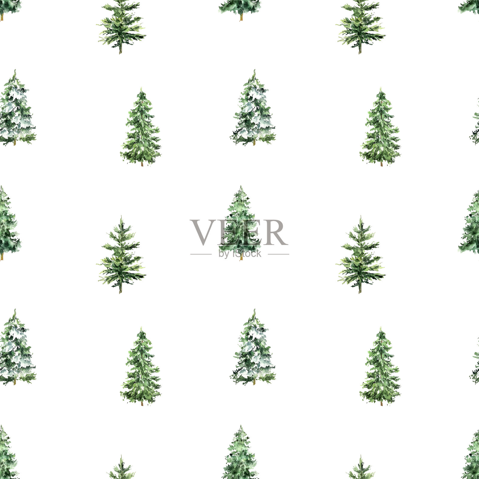 无缝图案水彩圣诞树插图。收集手绘可爱的装饰圣诞树孤立的白色背景。设计贴纸，装饰，卡片，海报，艺术品。插画图片素材