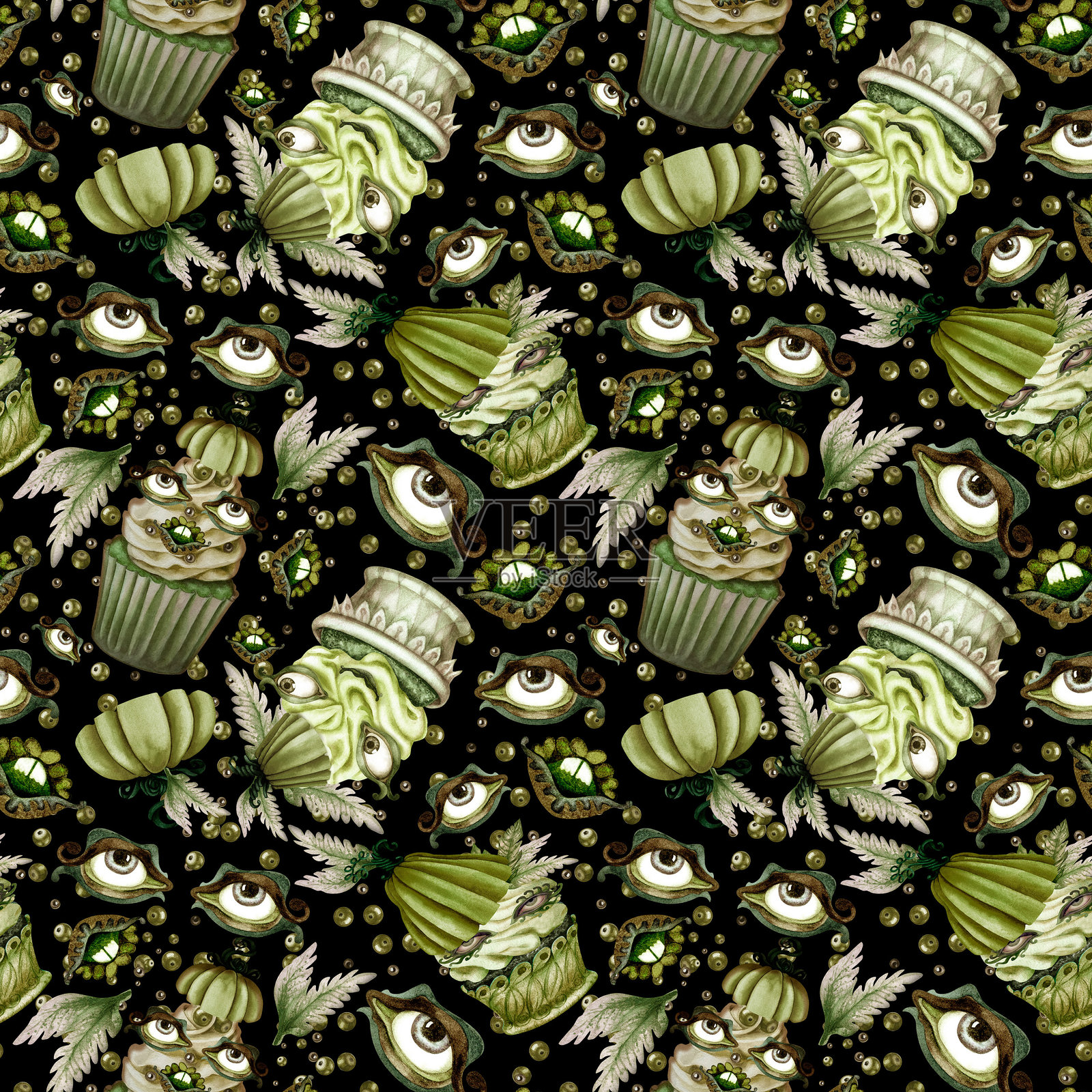 无缝图案的疯狂绿色万圣节纸杯蛋糕与人类的眼睛和嘴唇，用南瓜帽子装饰。单色水彩模板的邀请，菜单，海报，卡片，卡片，贴纸插画图片素材
