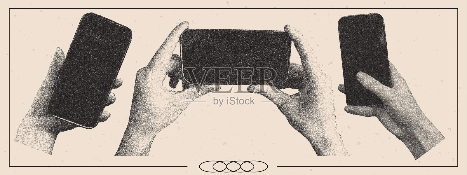 一组手拿着空显示屏的手机。复印的效果。矢量元素在流行艺术风格。插画图片素材