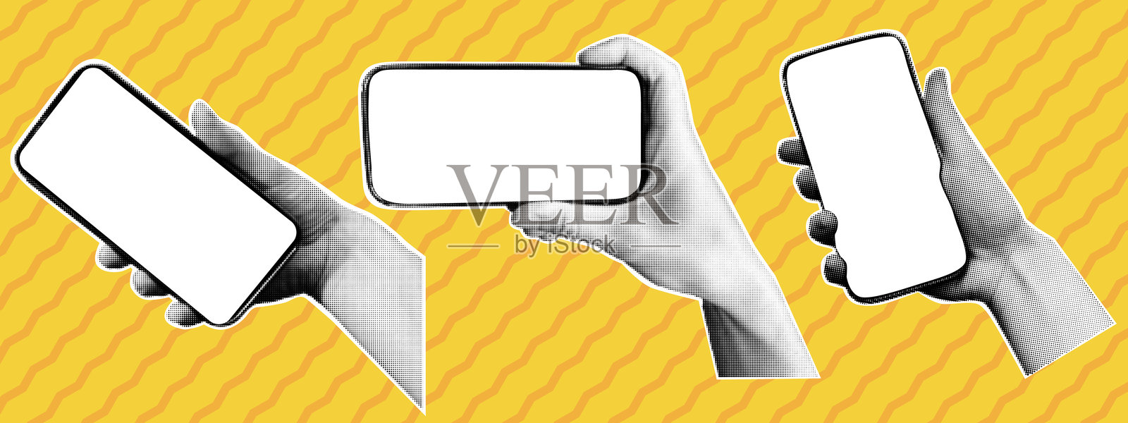 一双手拿着智能手机。复古圆点半色调效果。矢量元素在流行艺术风格。插画图片素材