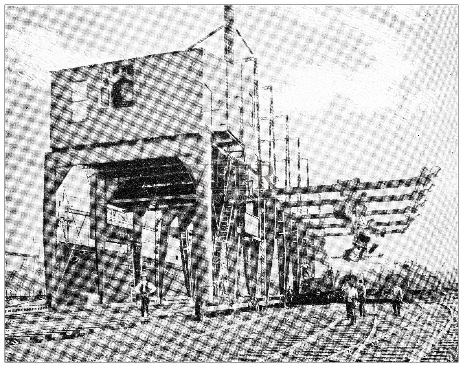 古董形象:搬运矿石从船只到汽车插画图片素材