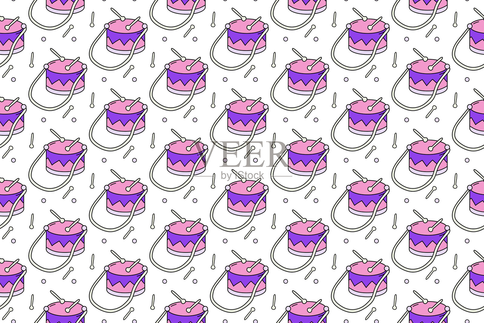 无缝图案与鼓和鼓棒在白色的背景。平面矢量插图。采购产品卡通音乐设备模板印刷，纺织，织物，包装纸。颜色背景插画图片素材