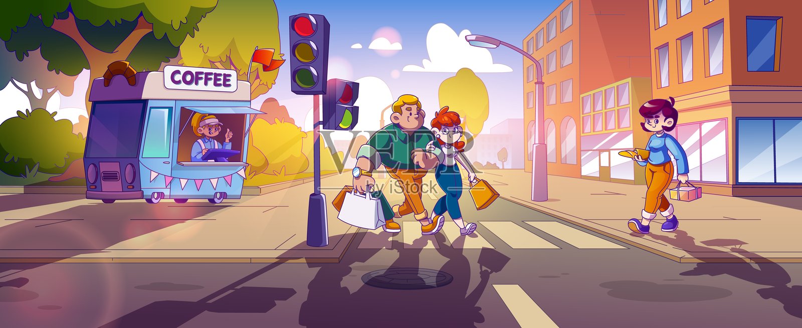 城市街道人行横道上的行人。插画图片素材